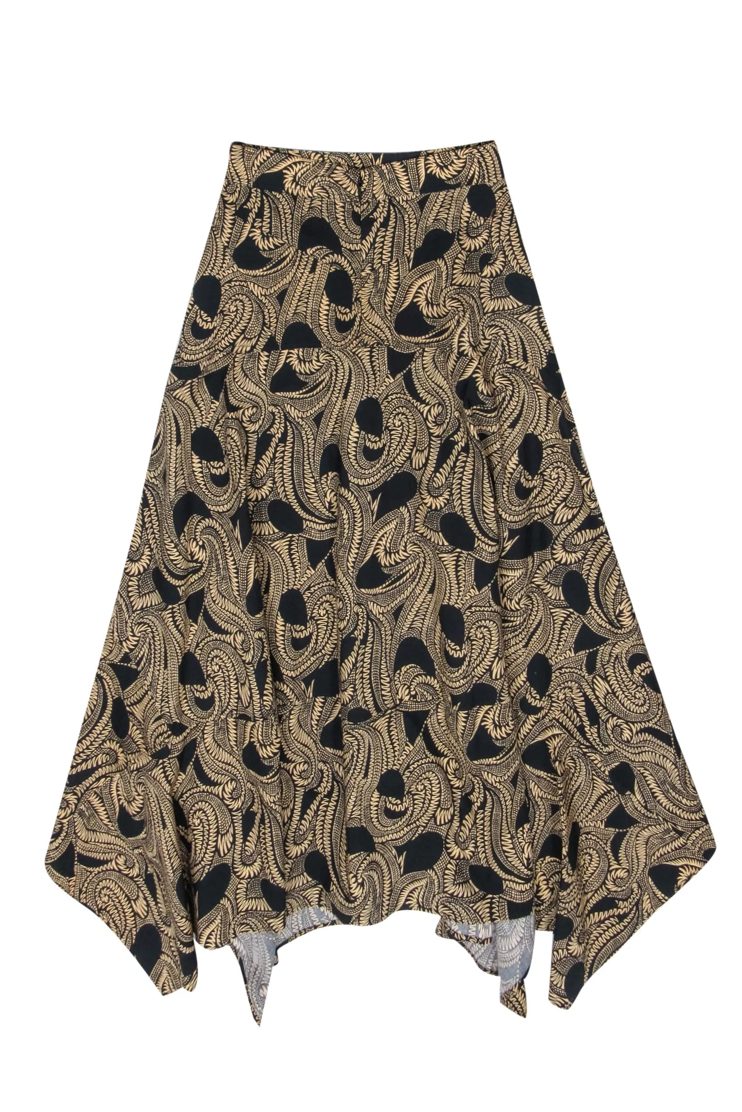 A.L.C. - Tan & Black Print Cotton Midi Skirt w/ Handkerchief Hem Sz 00