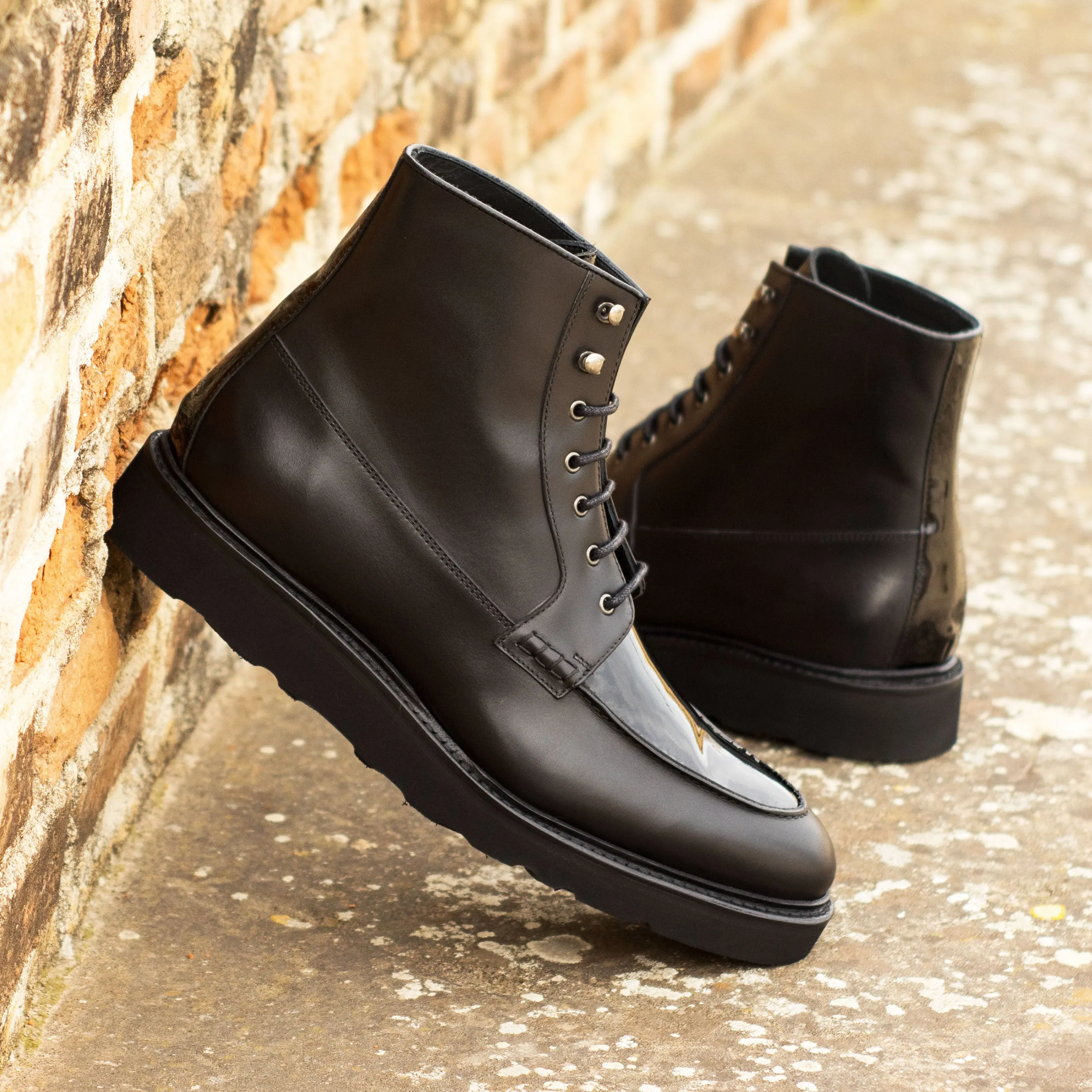 Black Box-Calf & Patent Leather Moc-Toe Boots