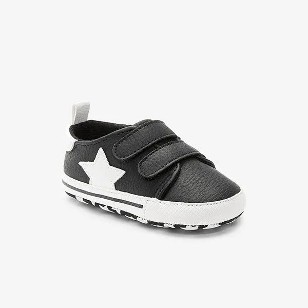 Black Double Strap Star Baby Pram Shoes (0-18mths)
