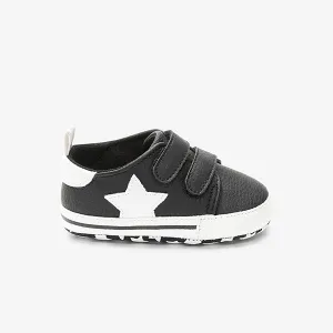Black Double Strap Star Baby Pram Shoes (0-18mths)