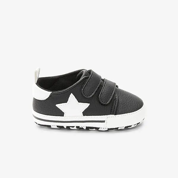 Black Double Strap Star Baby Pram Shoes (0-18mths)