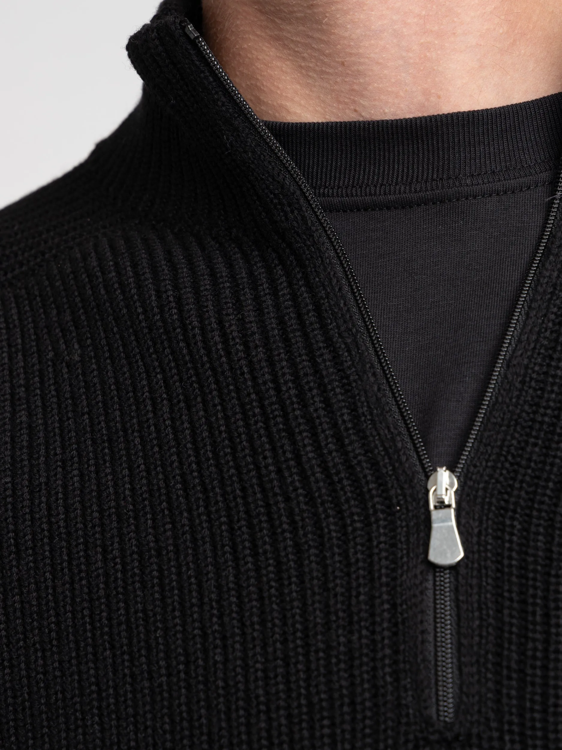 Black Ribbed Quarter Zip Sweater