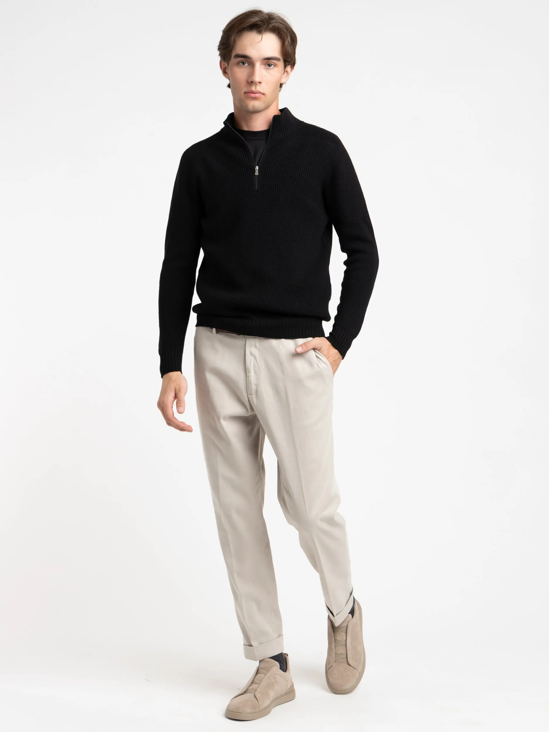 Black Ribbed Quarter Zip Sweater
