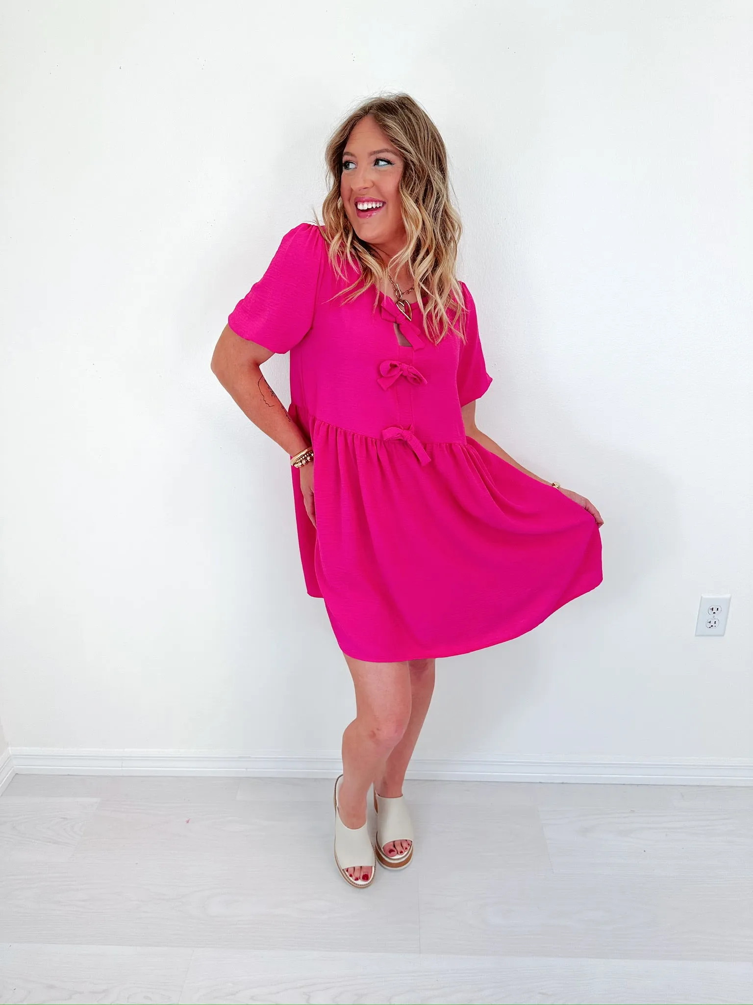 Breezy In Bows Babydoll Dress  - Pink