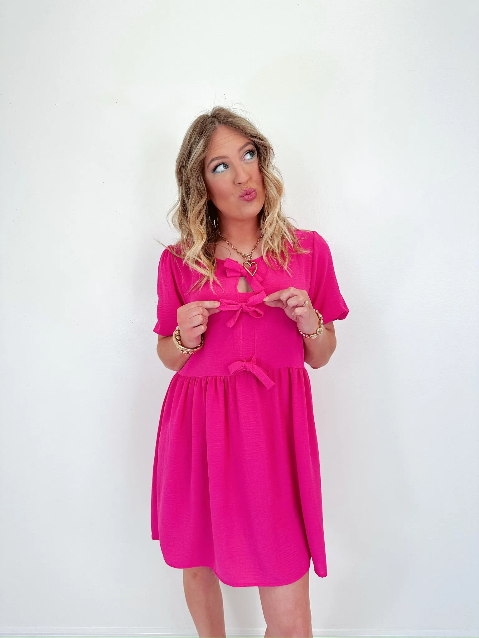 Breezy In Bows Babydoll Dress  - Pink