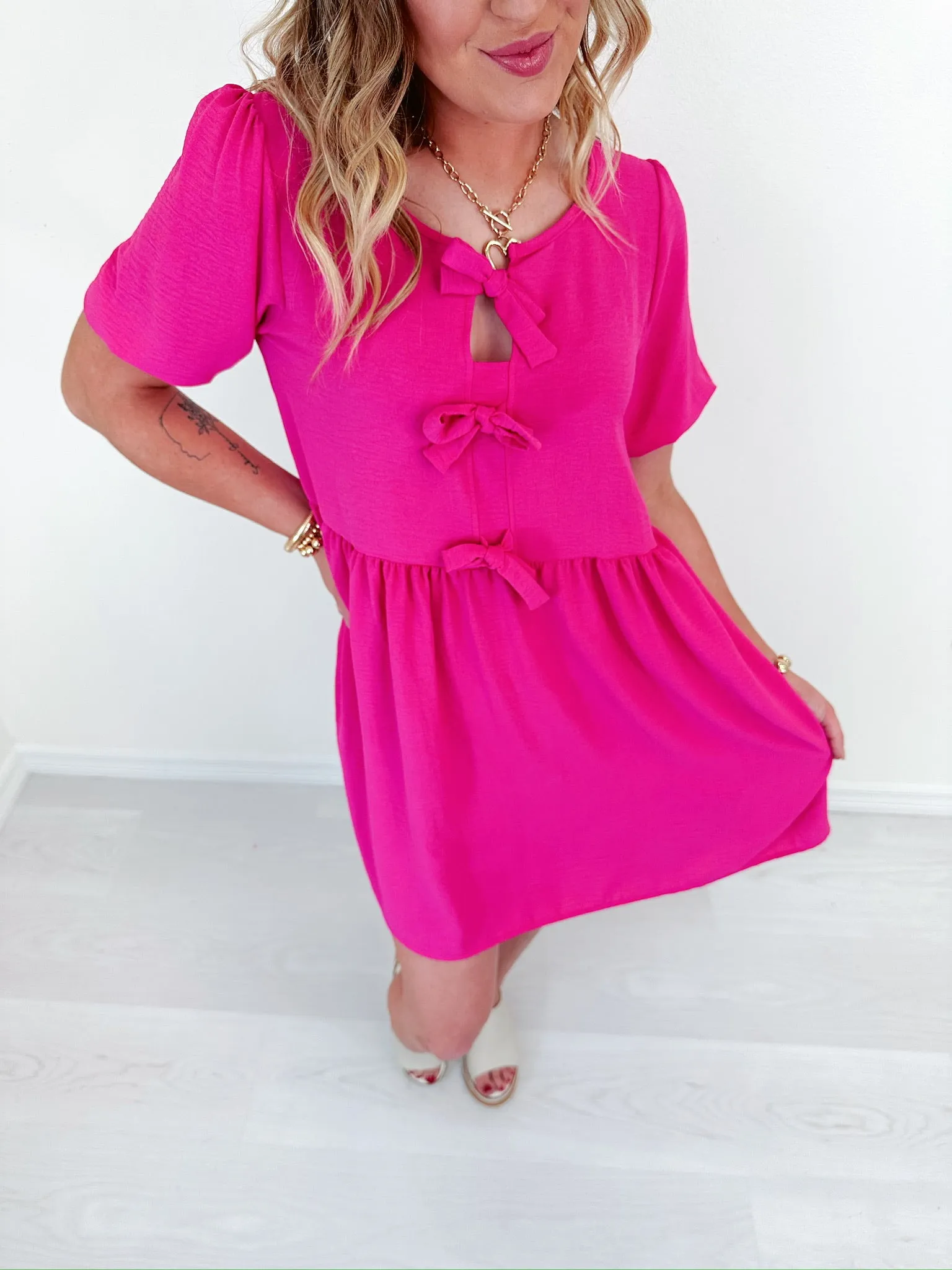 Breezy In Bows Babydoll Dress  - Pink