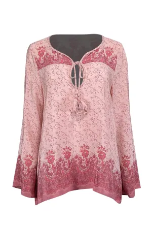 Calypso - Light Pink, Mauve, & Coral Floral Print Silk Tunic Top M