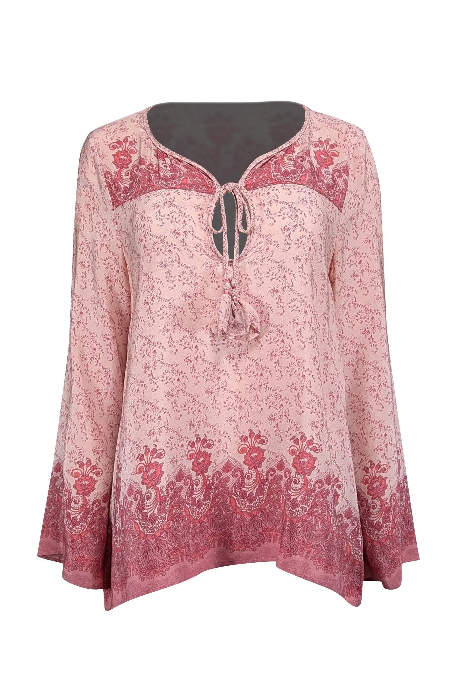 Calypso - Light Pink, Mauve, & Coral Floral Print Silk Tunic Top M