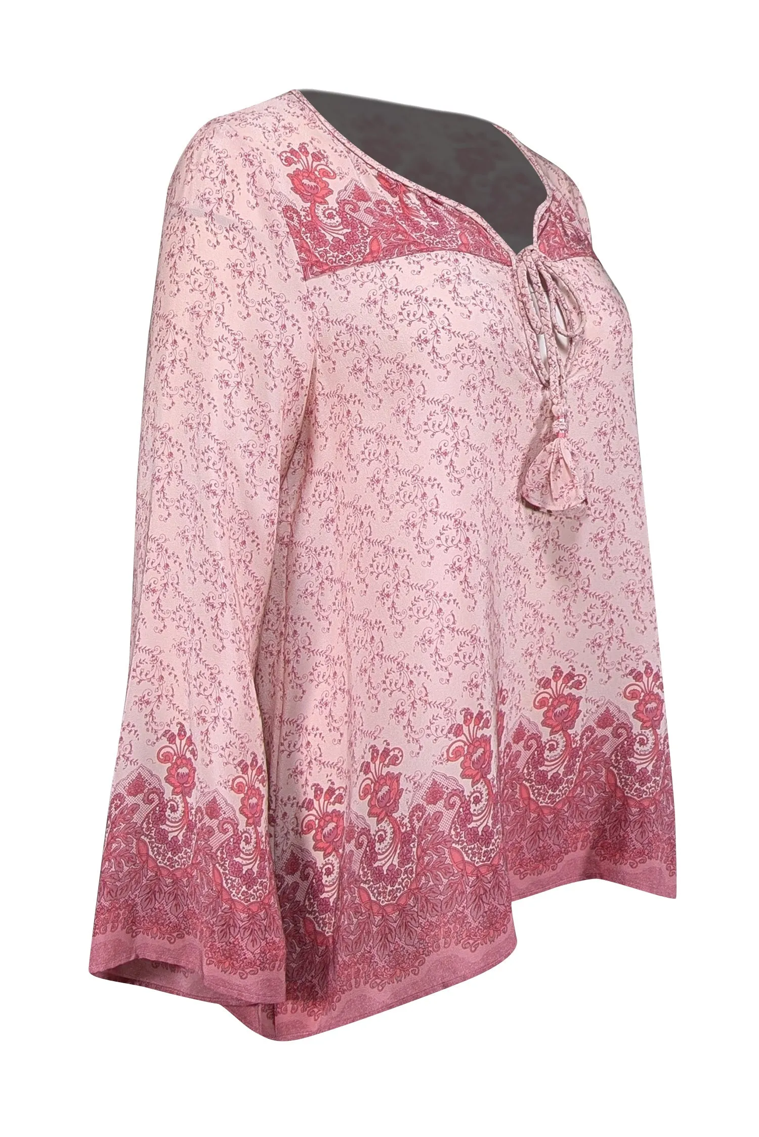 Calypso - Light Pink, Mauve, & Coral Floral Print Silk Tunic Top M