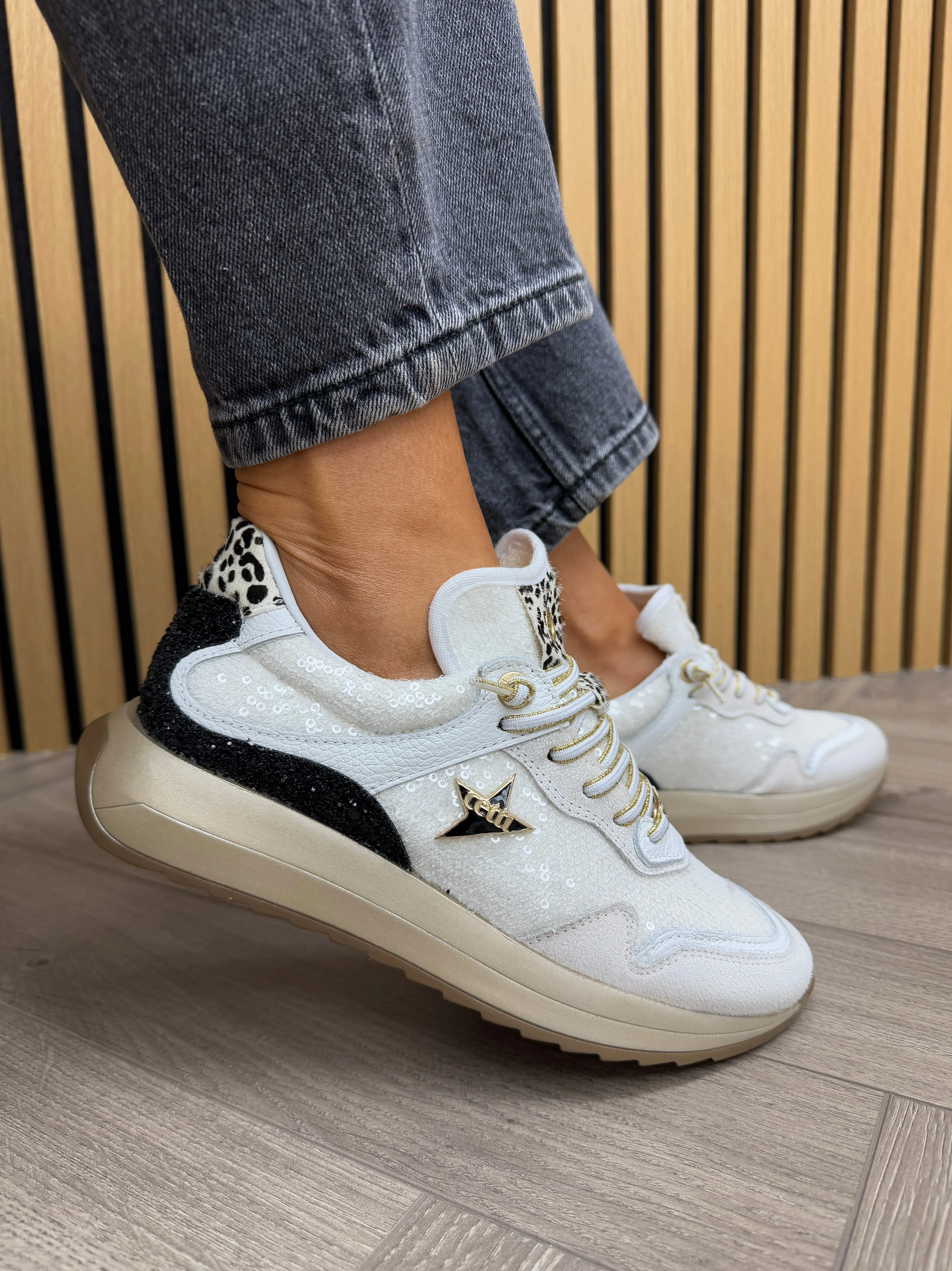 Cetti Sequins Trainer with Elastic Laces C-1382 - Kraque-Lent Off White (C7)