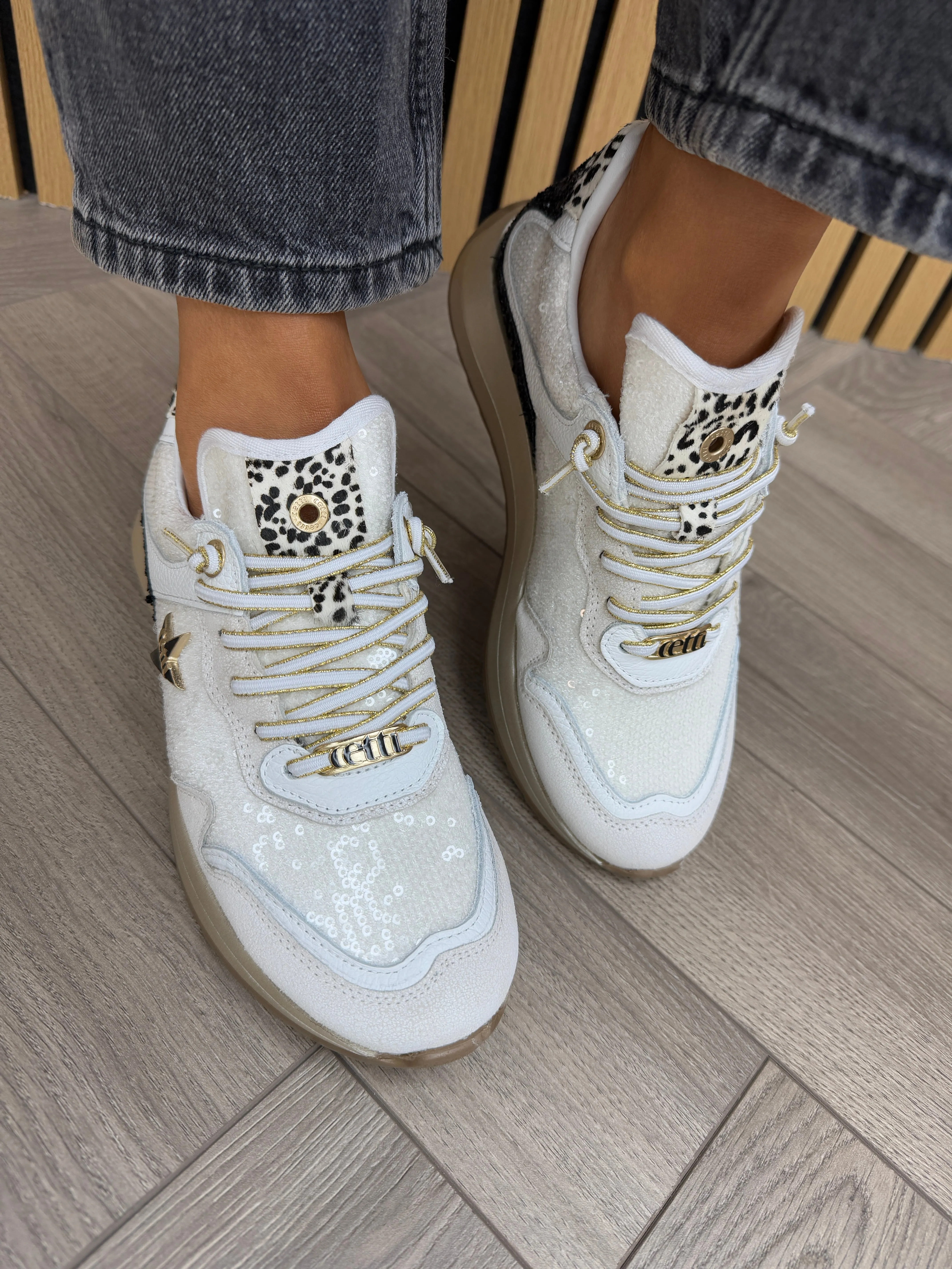 Cetti Sequins Trainer with Elastic Laces C-1382 - Kraque-Lent Off White (C7)