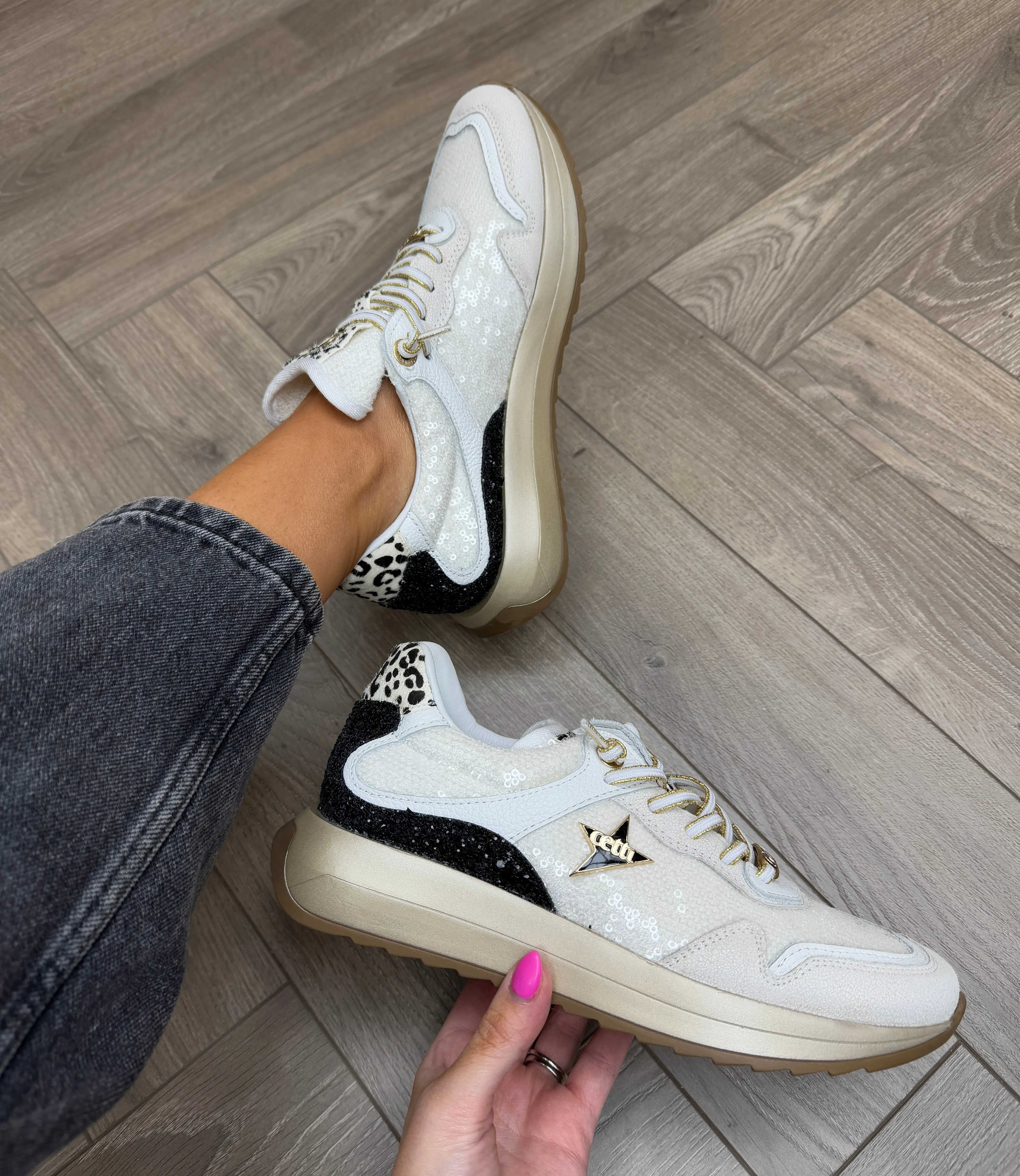 Cetti Sequins Trainer with Elastic Laces C-1382 - Kraque-Lent Off White (C7)