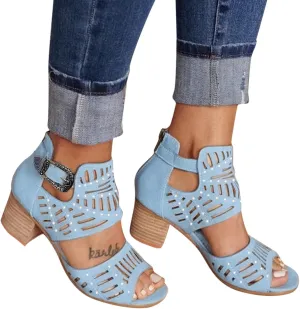 Eduavar Sandals for Women Dressy Summer, Wedge Sandals for Women Chunky Heel Sandals Open Toe Hollow Out Ankle Strap Sandals