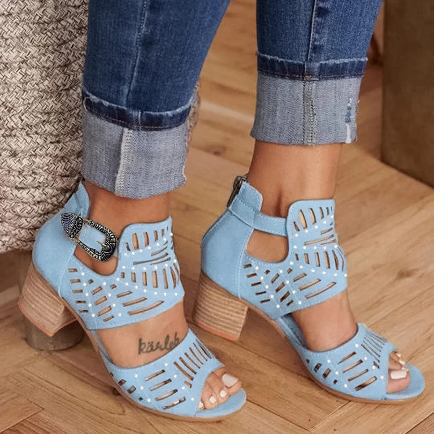 Eduavar Sandals for Women Dressy Summer, Wedge Sandals for Women Chunky Heel Sandals Open Toe Hollow Out Ankle Strap Sandals