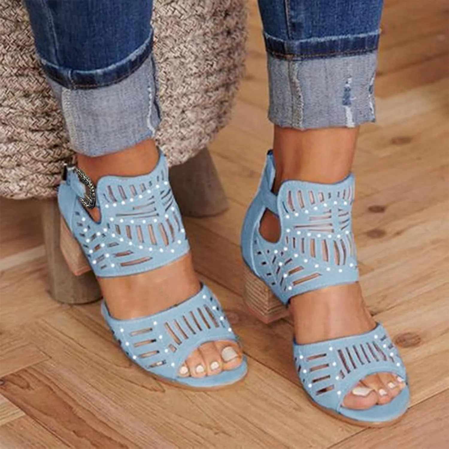 Eduavar Sandals for Women Dressy Summer, Wedge Sandals for Women Chunky Heel Sandals Open Toe Hollow Out Ankle Strap Sandals