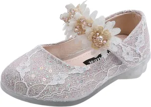 Girls Dress Shoes Glitter Shoe Flower Mary Jane Low Heels Party Wedding Prom Footwear for Toddler Girls Dress Shoes