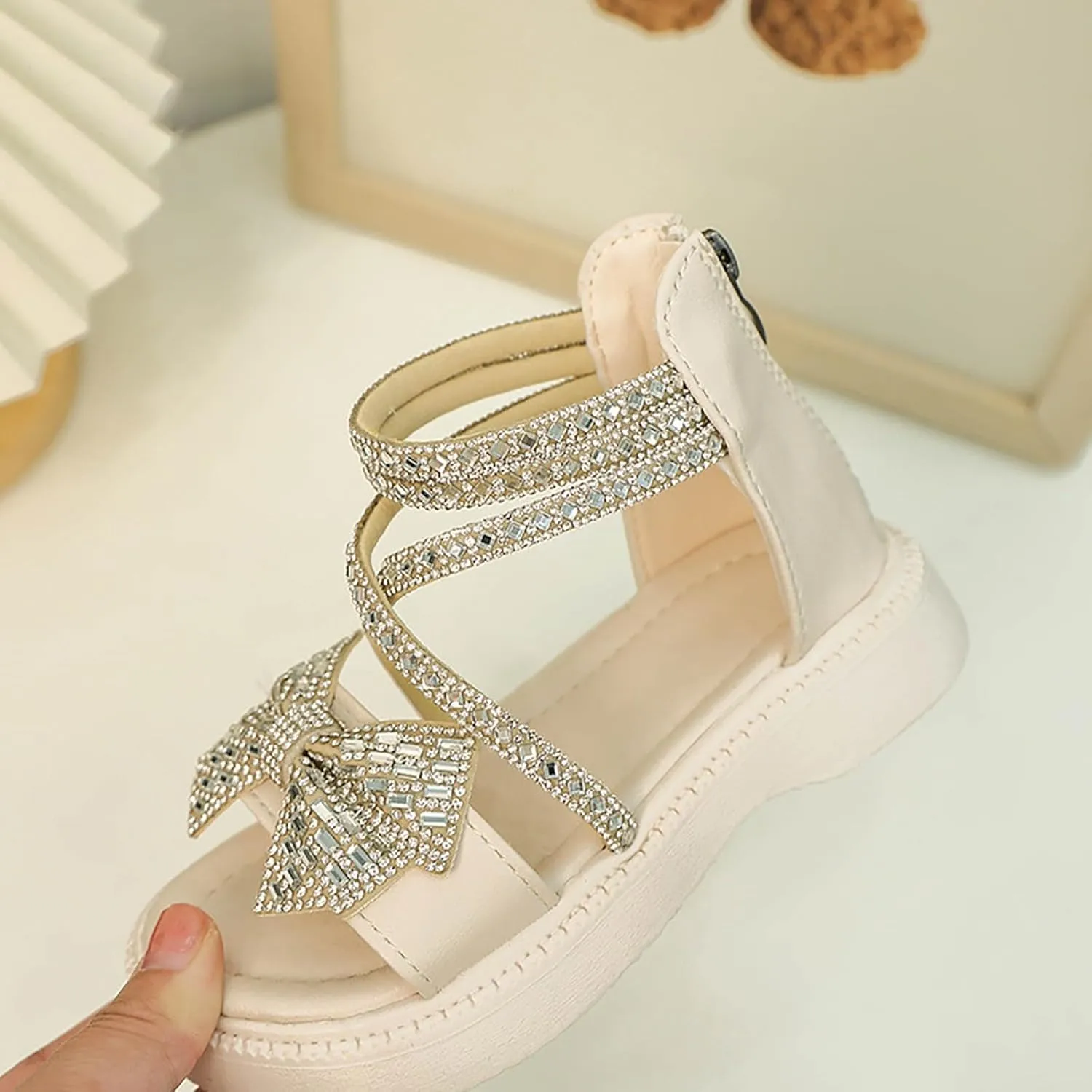 Girls Flat Sandals Bow Glitter Strappy Platform Low Heels Sandal Open Toe Zipper Back Ankle Strap Dress Shoes