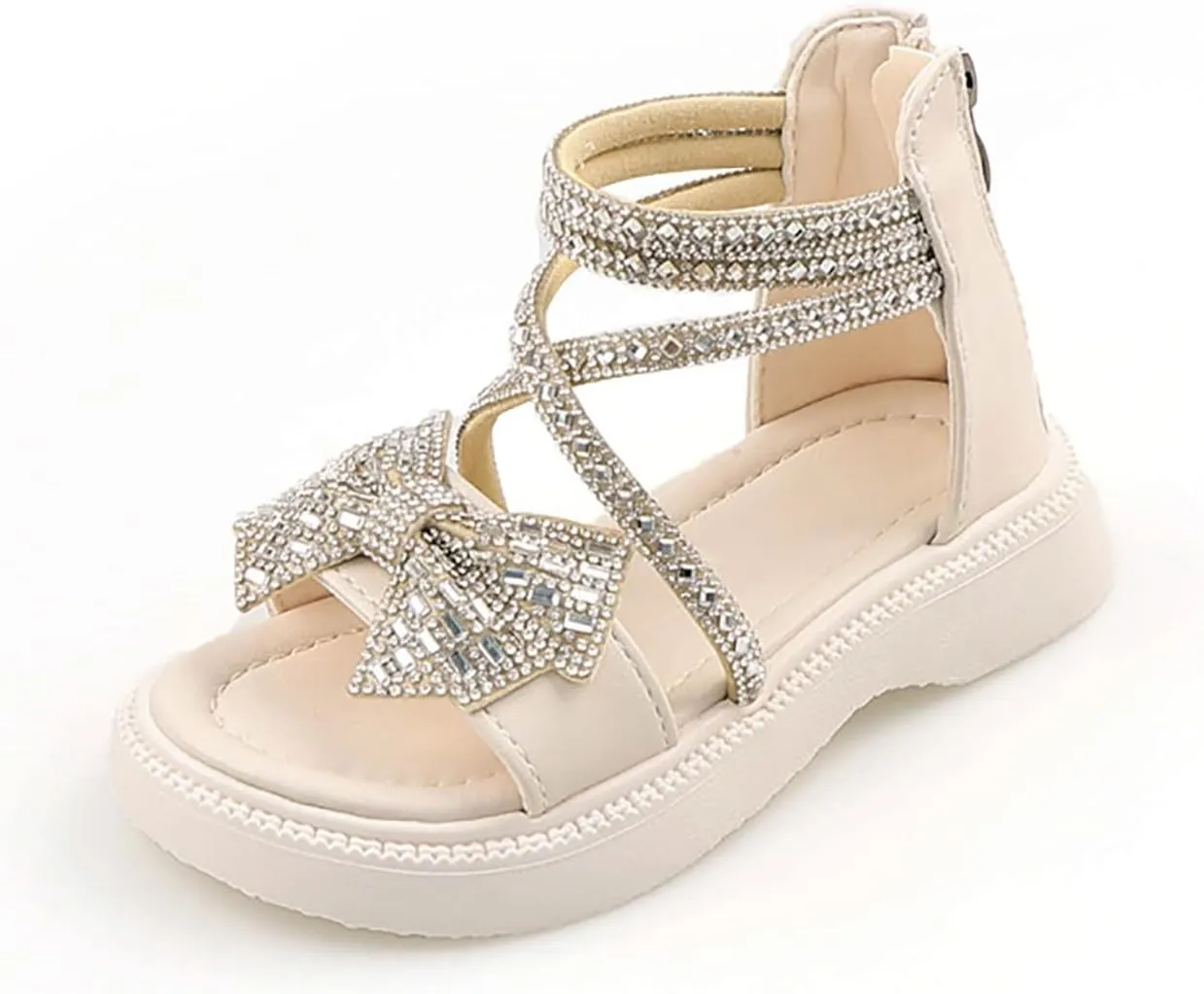 Girls Flat Sandals Bow Glitter Strappy Platform Low Heels Sandal Open Toe Zipper Back Ankle Strap Dress Shoes