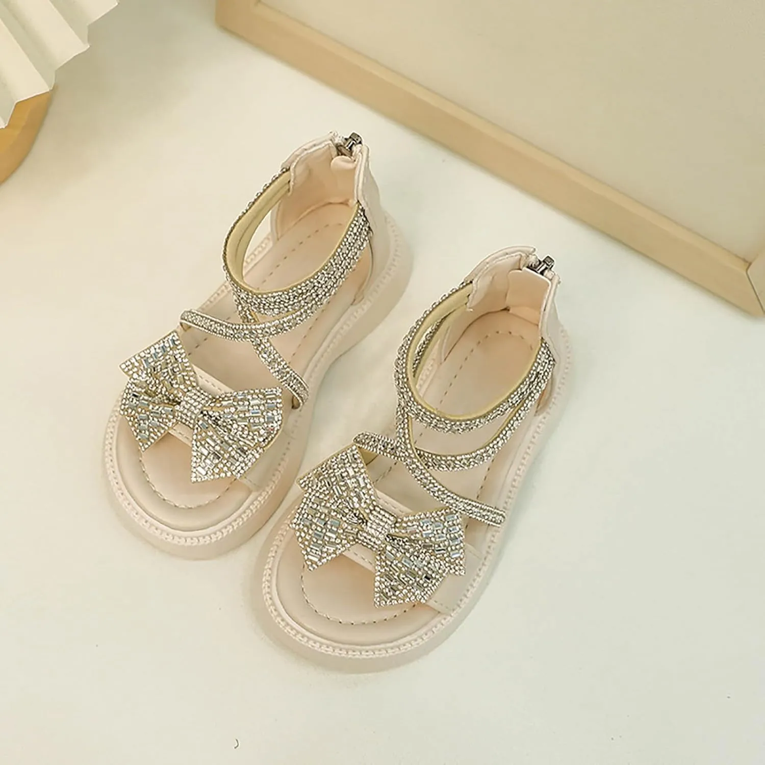 Girls Flat Sandals Bow Glitter Strappy Platform Low Heels Sandal Open Toe Zipper Back Ankle Strap Dress Shoes