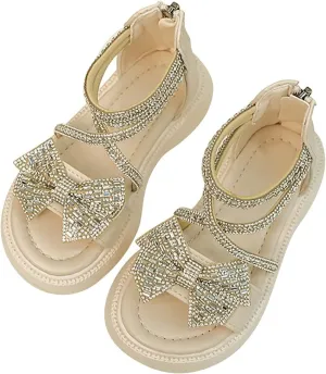 Girls Flat Sandals Bow Glitter Strappy Platform Low Heels Sandal Open Toe Zipper Back Ankle Strap Dress Shoes