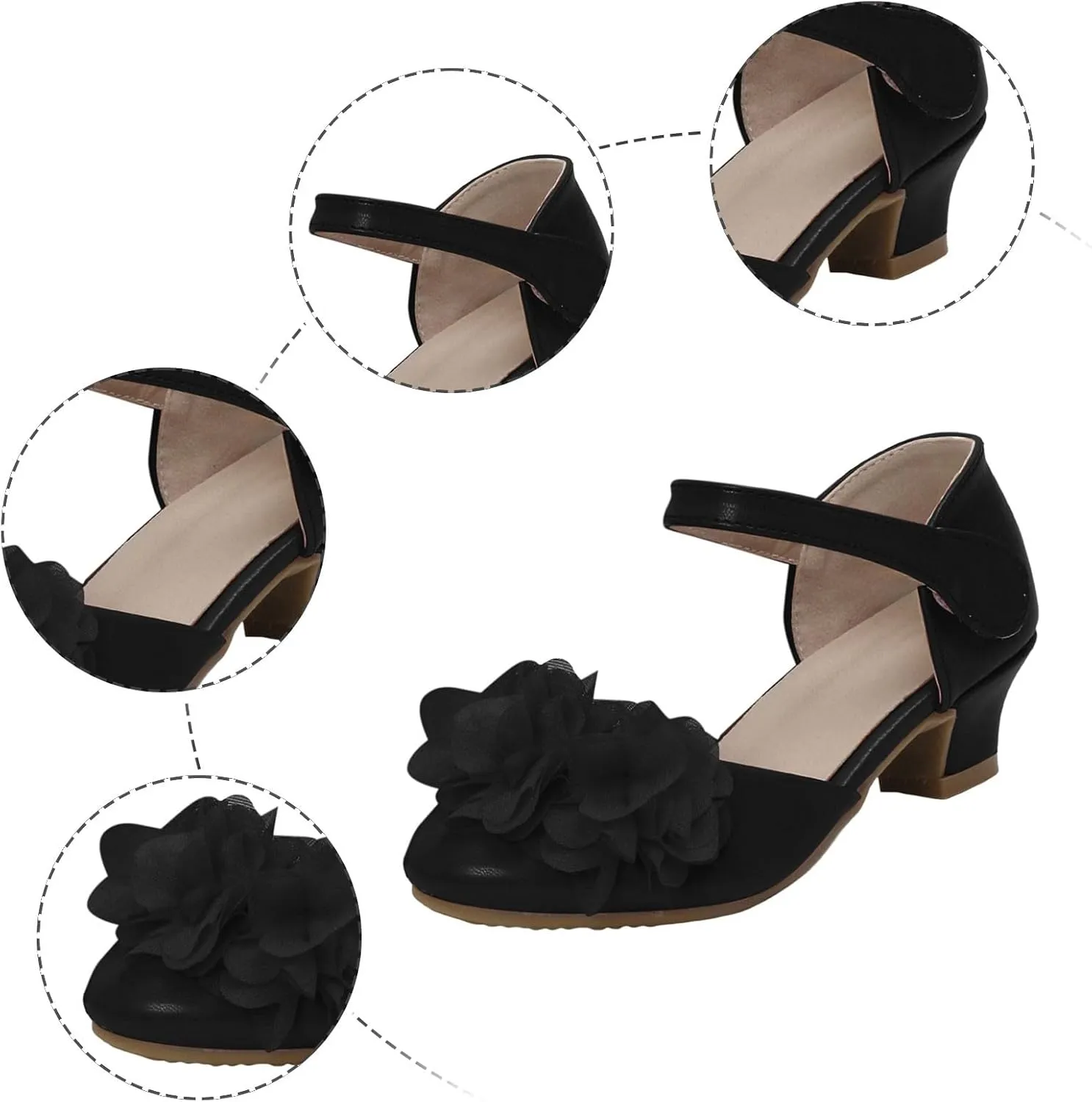Girls High Heels Little Girls Hollow Round Toe Thick Heels Silk Flower Shoes Children's Dance Size 13 Sandals