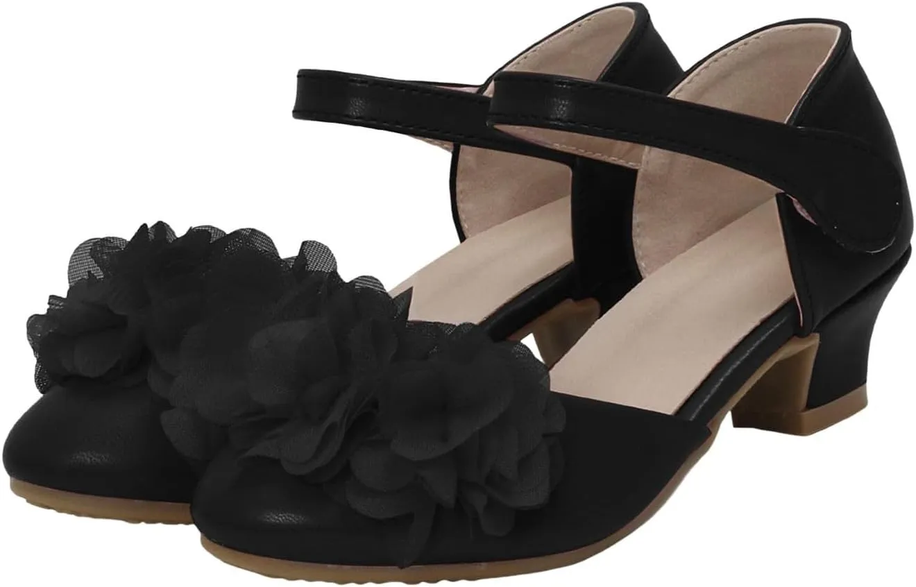 Girls High Heels Little Girls Hollow Round Toe Thick Heels Silk Flower Shoes Children's Dance Size 13 Sandals