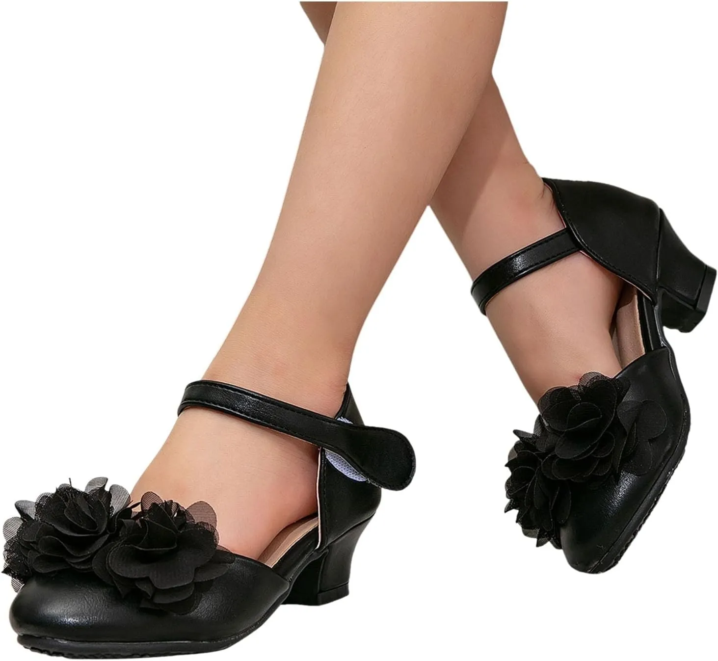 Girls High Heels Little Girls Hollow Round Toe Thick Heels Silk Flower Shoes Children's Dance Size 13 Sandals