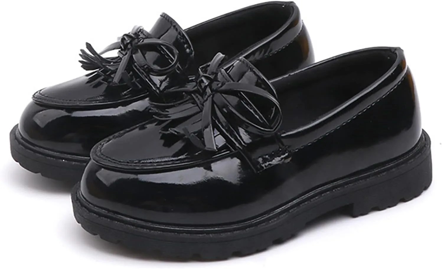 Girls Slip on Leather Loafer Dress Shoes Tassel Bow School Dress Shoes Toddler atent-Leather Reflective Flat Loafers