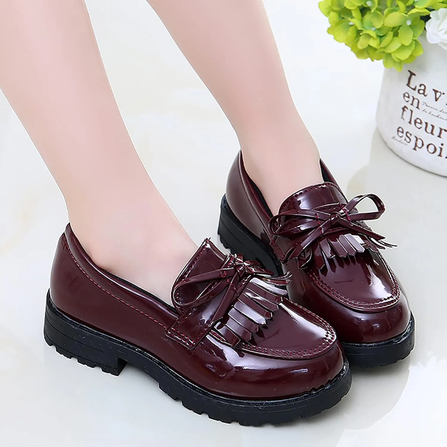 Girls Slip on Leather Loafer Dress Shoes Tassel Bow School Dress Shoes Toddler atent-Leather Reflective Flat Loafers