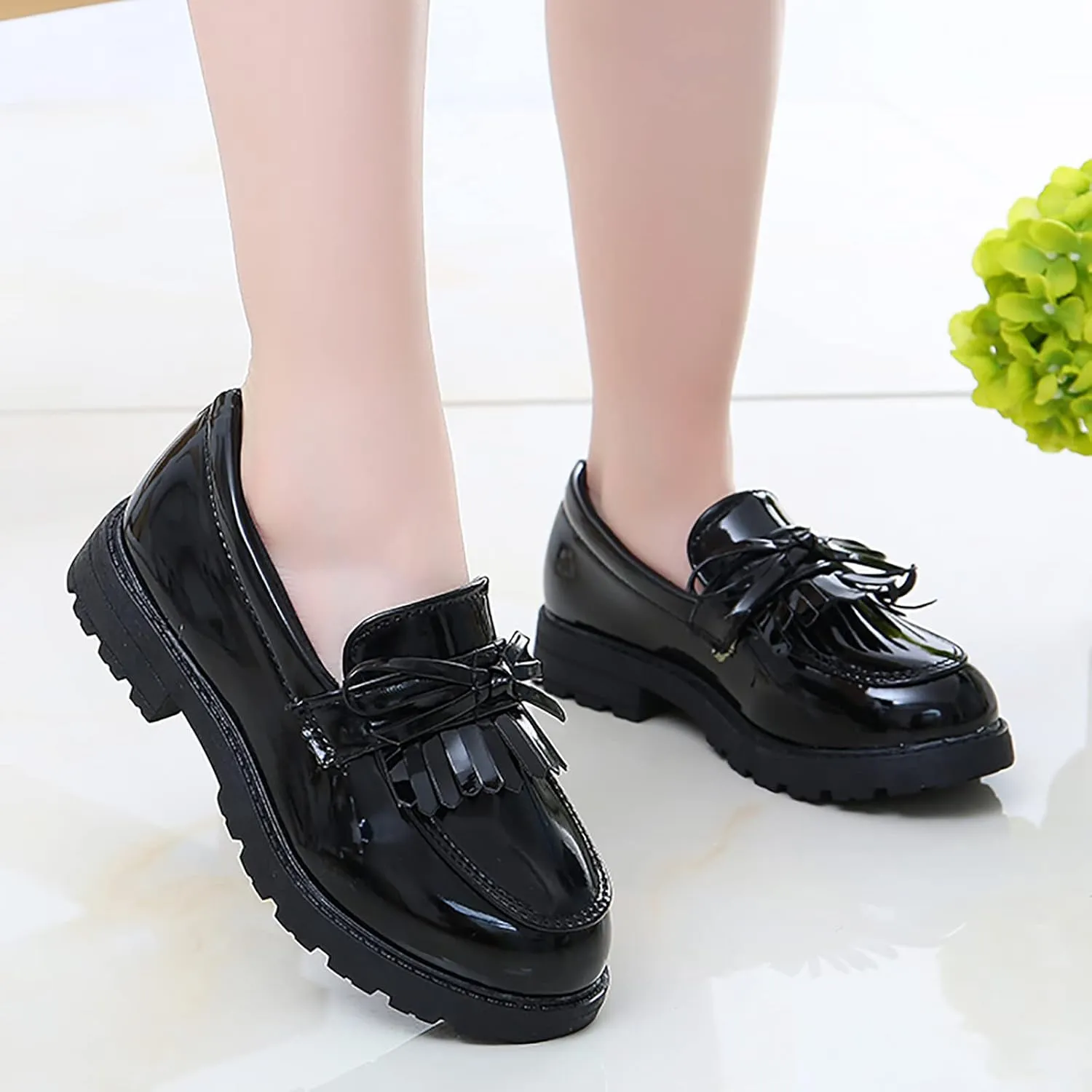 Girls Slip on Leather Loafer Dress Shoes Tassel Bow School Dress Shoes Toddler atent-Leather Reflective Flat Loafers