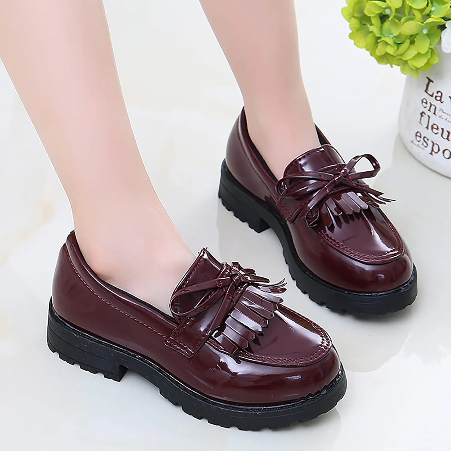 Girls Slip on Leather Loafer Dress Shoes Tassel Bow School Dress Shoes Toddler atent-Leather Reflective Flat Loafers