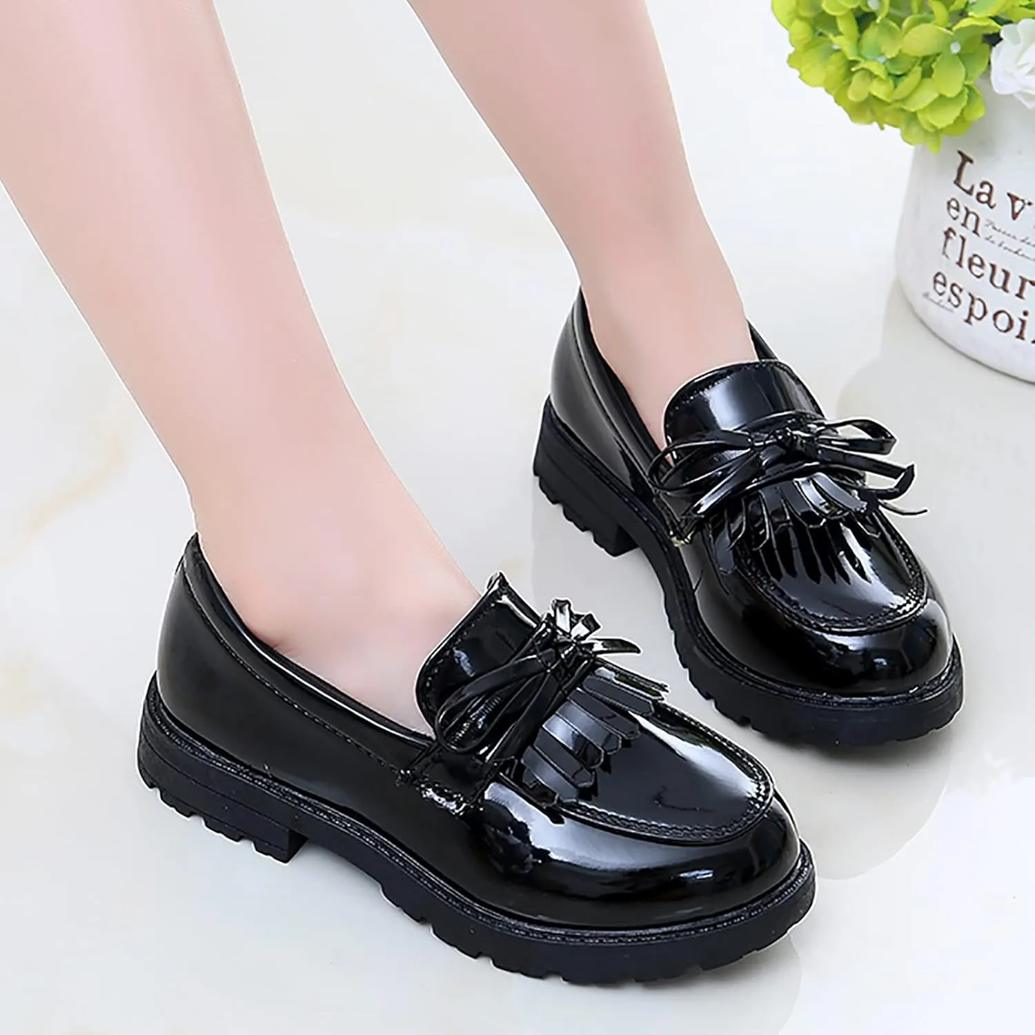 Girls Slip on Leather Loafer Dress Shoes Tassel Bow School Dress Shoes Toddler atent-Leather Reflective Flat Loafers