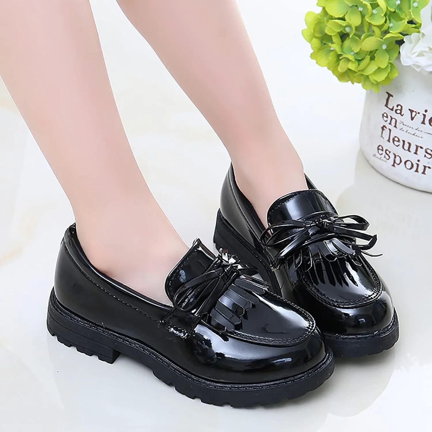 Girls Slip on Leather Loafer Dress Shoes Tassel Bow School Dress Shoes Toddler atent-Leather Reflective Flat Loafers
