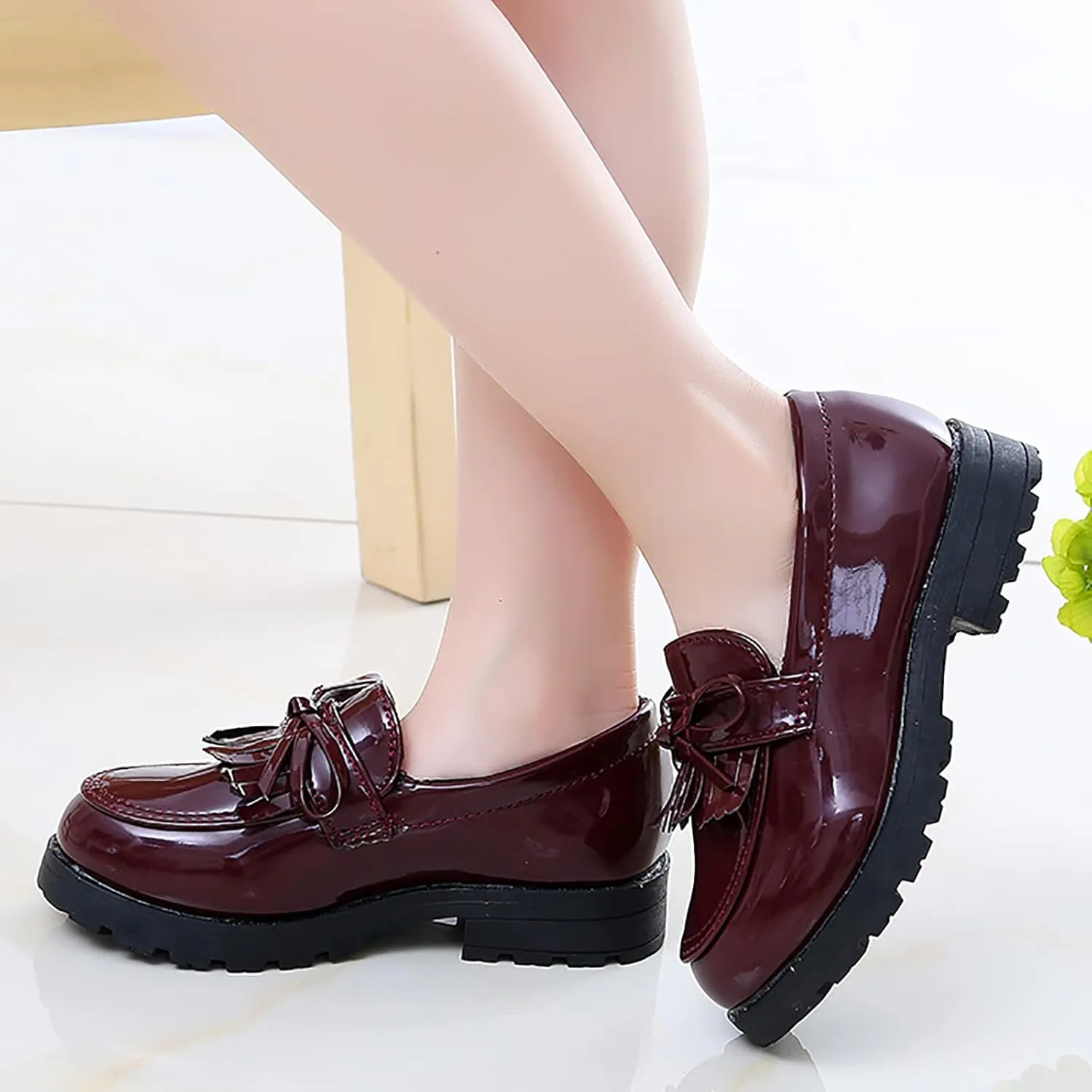 Girls Slip on Leather Loafer Dress Shoes Tassel Bow School Dress Shoes Toddler atent-Leather Reflective Flat Loafers