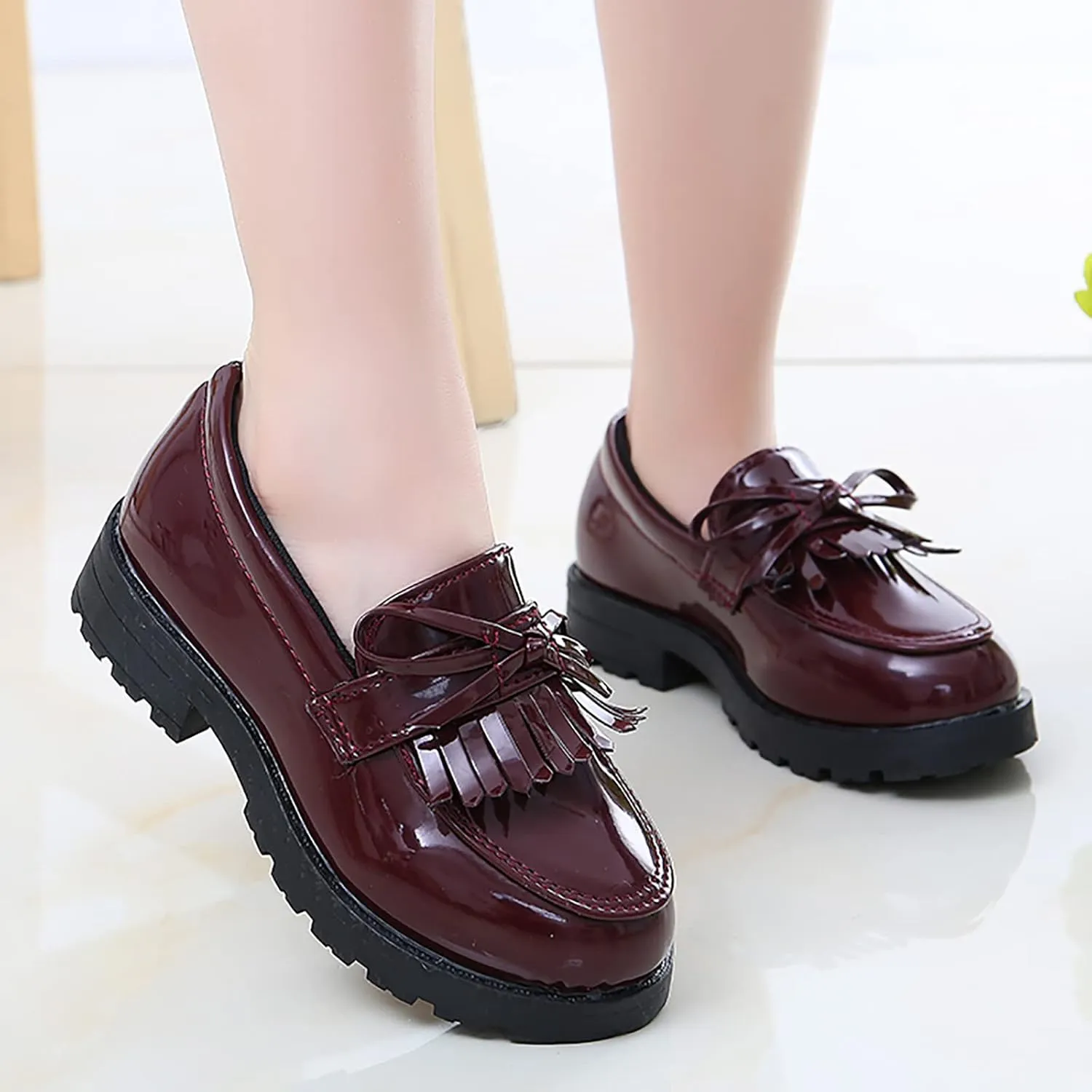 Girls Slip on Leather Loafer Dress Shoes Tassel Bow School Dress Shoes Toddler atent-Leather Reflective Flat Loafers