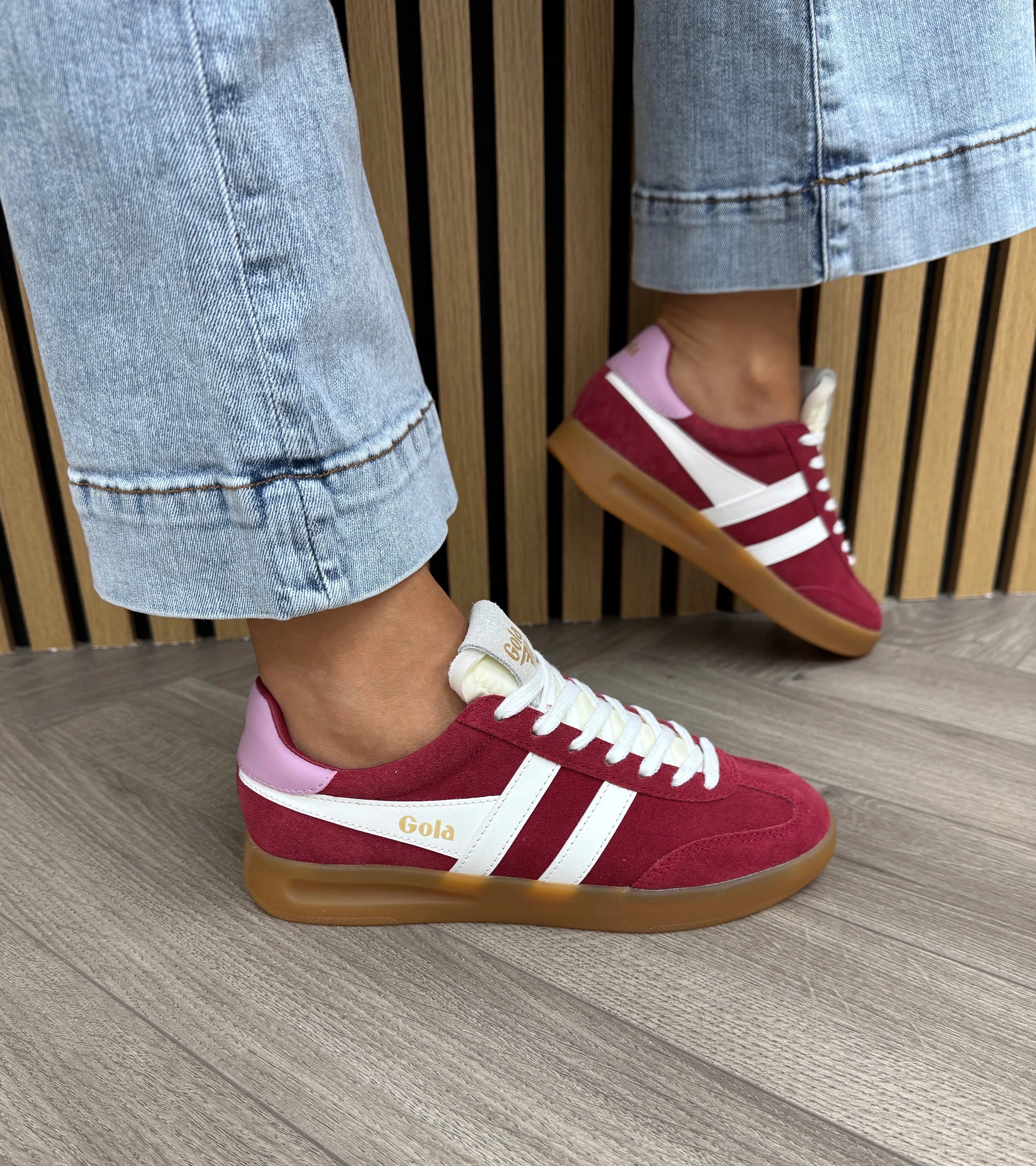Gola ‘Cyclone’ Gum Sole Trainer with Pink Heel CLB762 - Deep Red/Off White/Candy/Gum (G12)