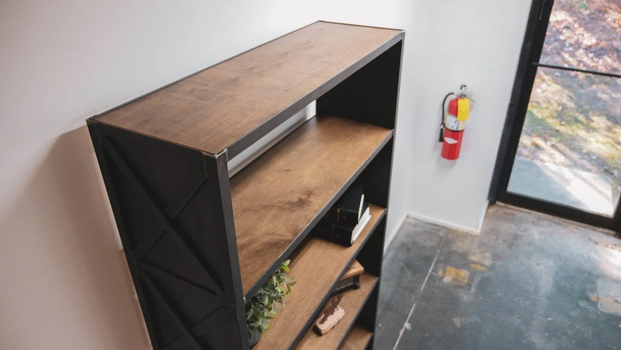 Helvetica Modern Industrial Bookcase - Steel Shelving Unit - Wood Shelves