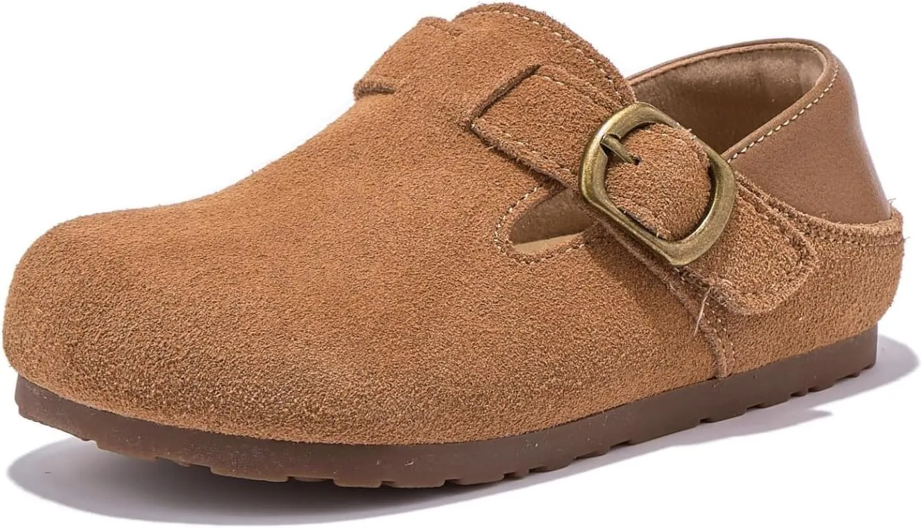 Kids Suede Clog Slippers  Unisex Closed-Toe Slip-On Shoes with Adjustable Buckle  Anti-Slip Lightweight Indoor Outdoor House Shoes for Boys and Girls