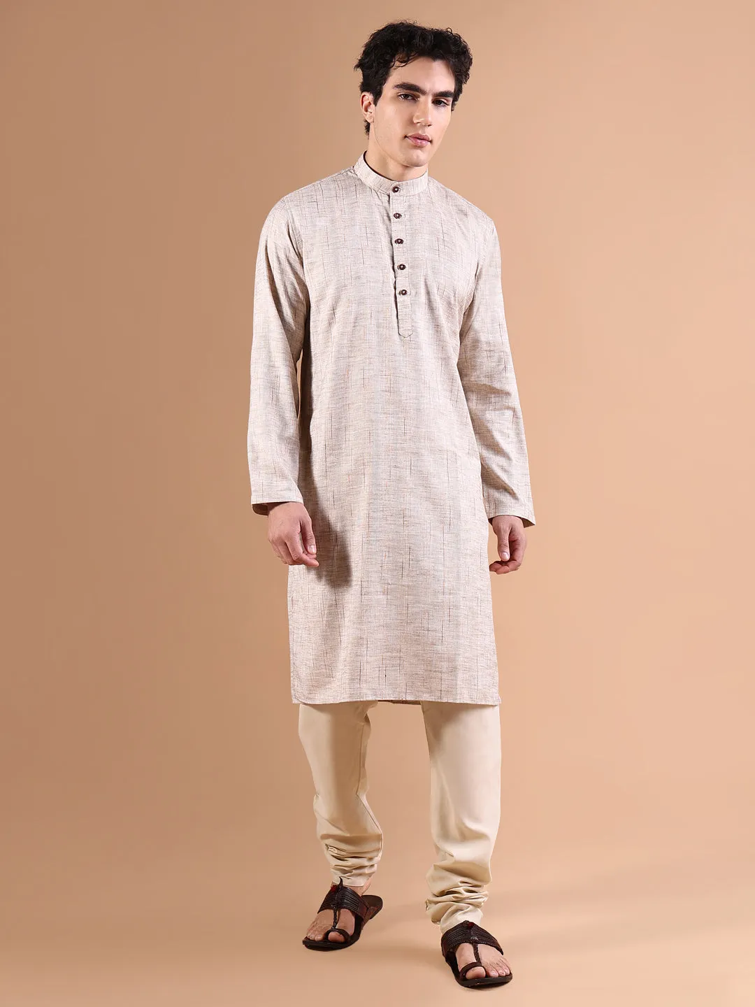 Men Beige Solid Straight Kurta Set