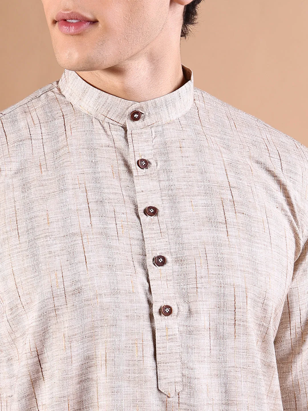 Men Beige Solid Straight Kurta Set