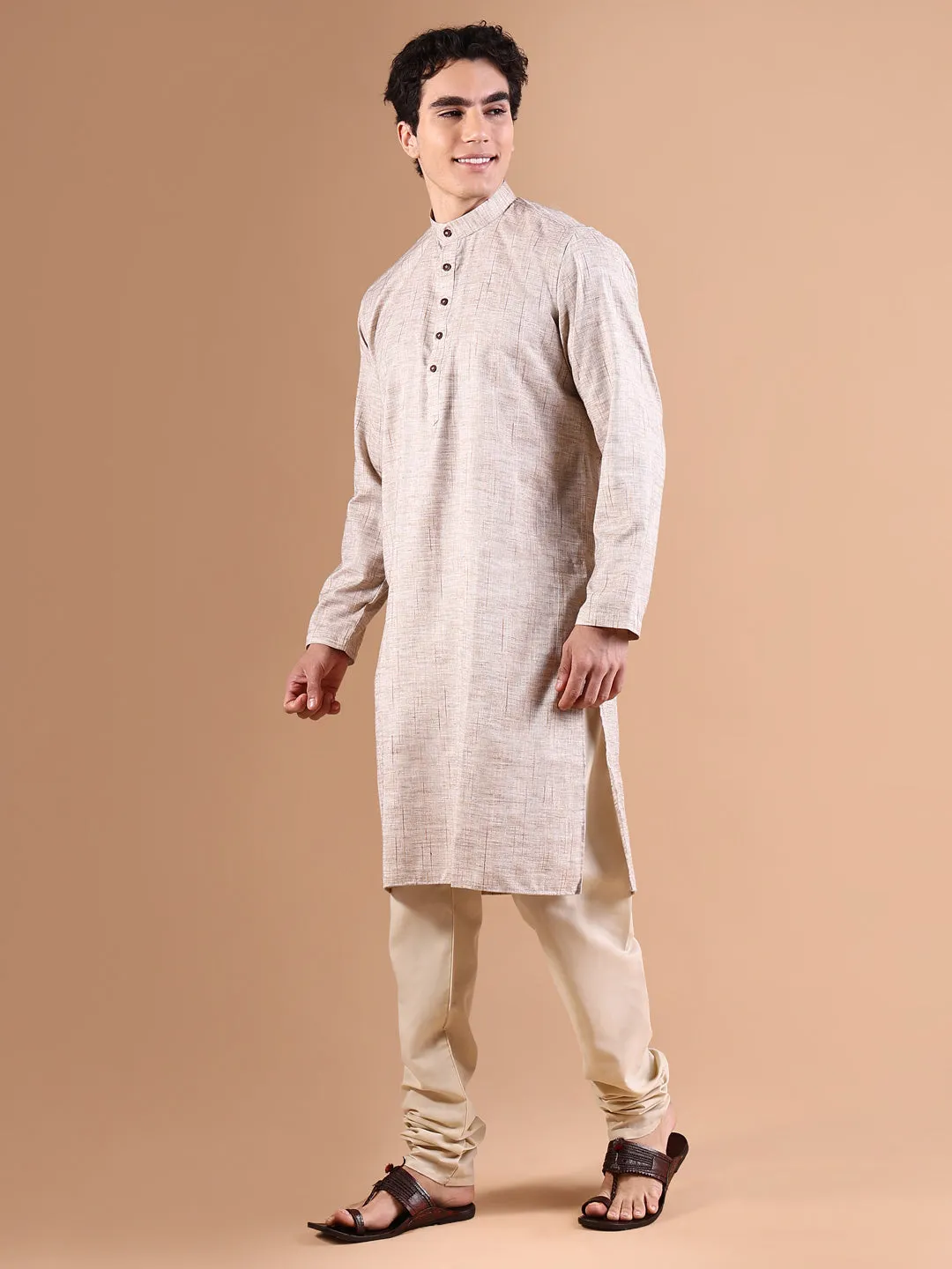 Men Beige Solid Straight Kurta Set