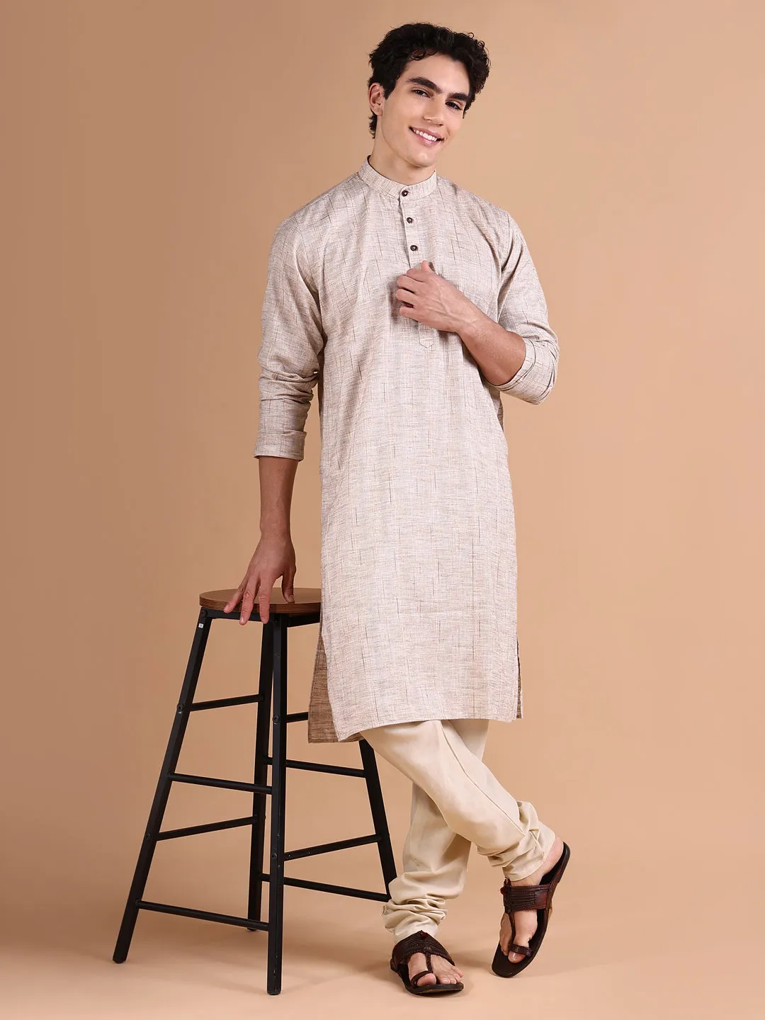 Men Beige Solid Straight Kurta Set
