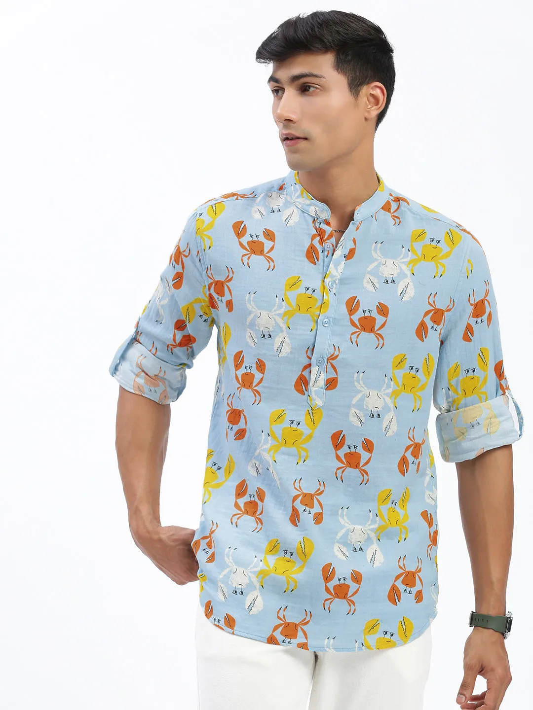 Men Blue Animal Printed Mandarin Collar Straight Shirt