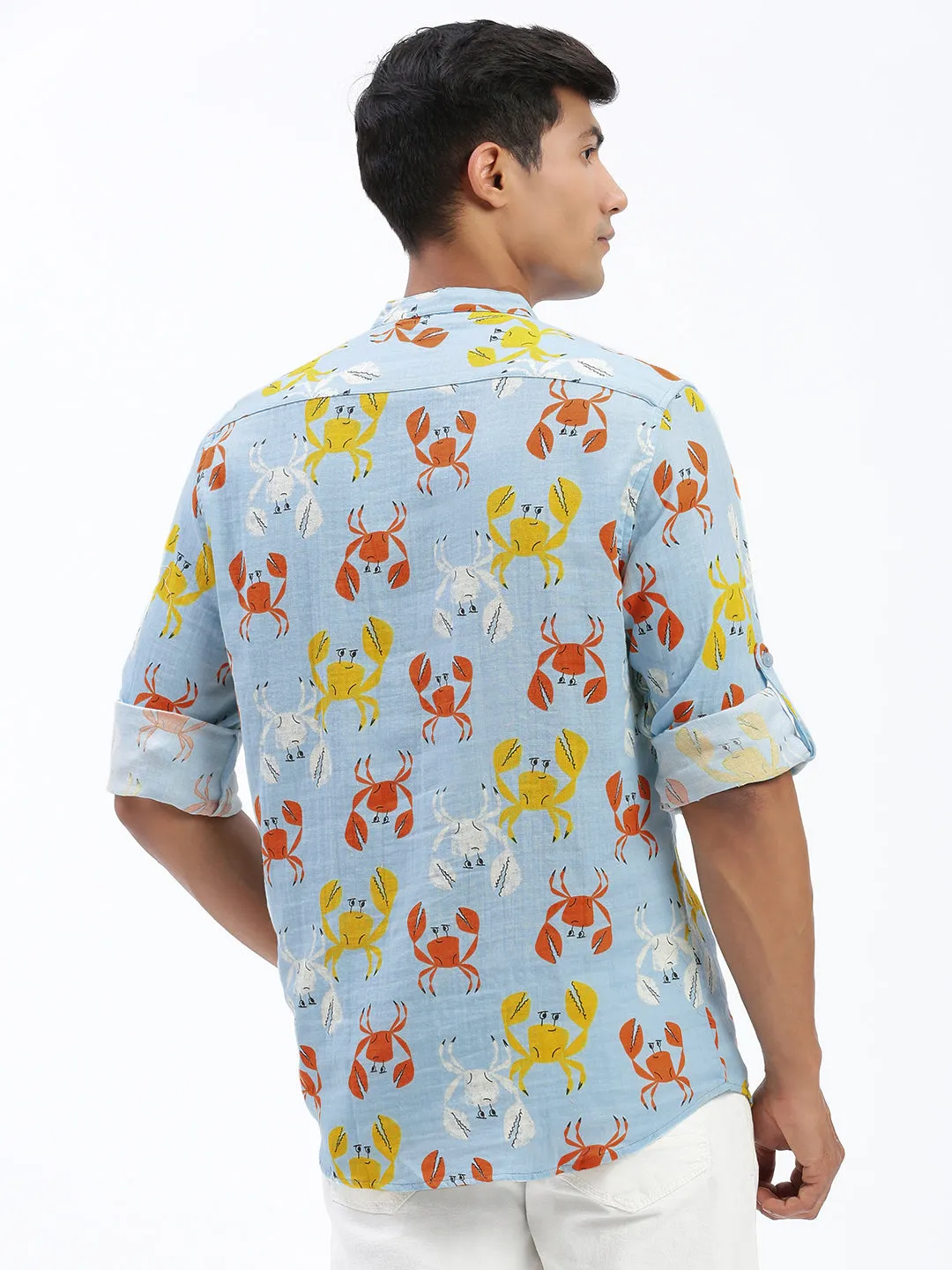 Men Blue Animal Printed Mandarin Collar Straight Shirt