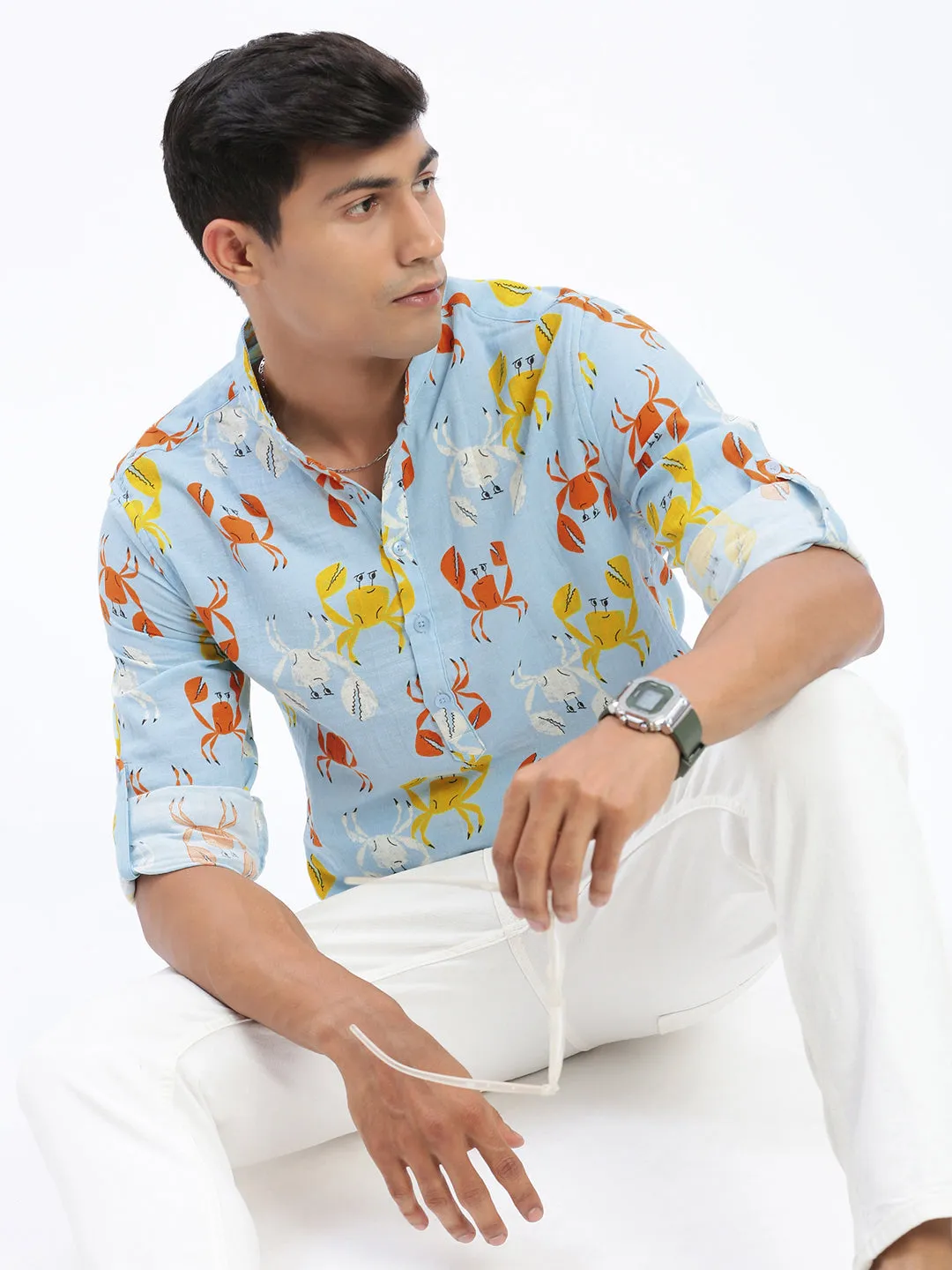Men Blue Animal Printed Mandarin Collar Straight Shirt