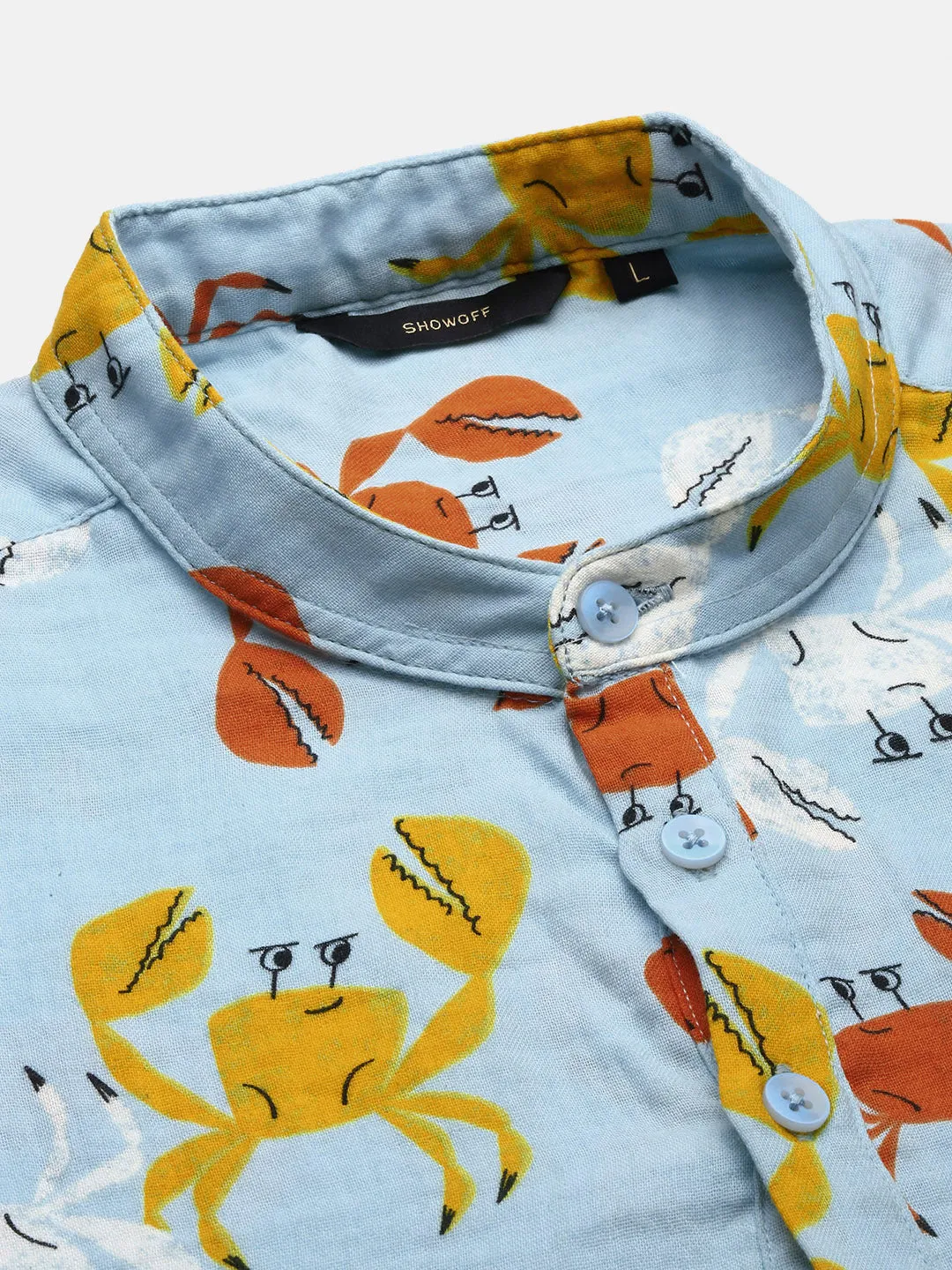Men Blue Animal Printed Mandarin Collar Straight Shirt