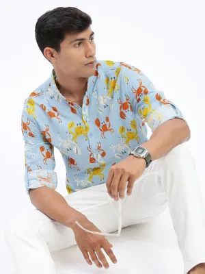 Men Blue Animal Printed Mandarin Collar Straight Shirt
