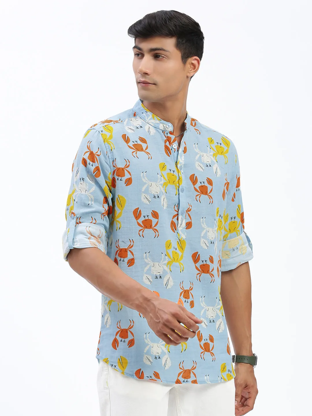 Men Blue Animal Printed Mandarin Collar Straight Shirt