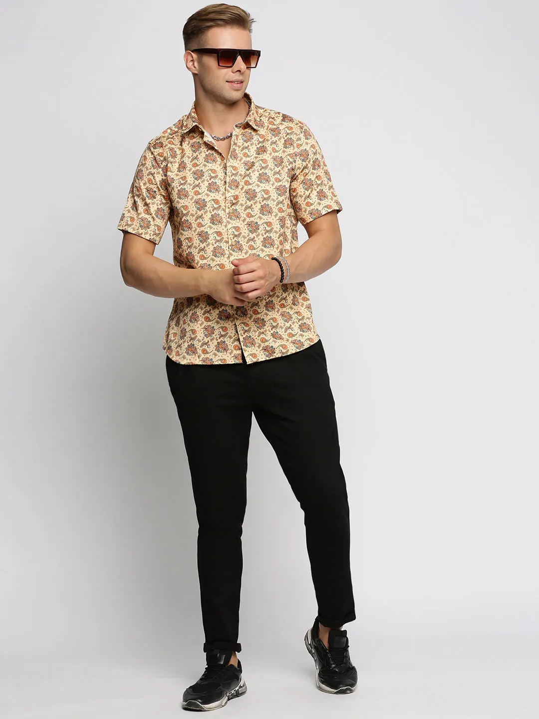 Men Cream Slim Fit Ethnic Motifs Printed Cotton Casual Shirt