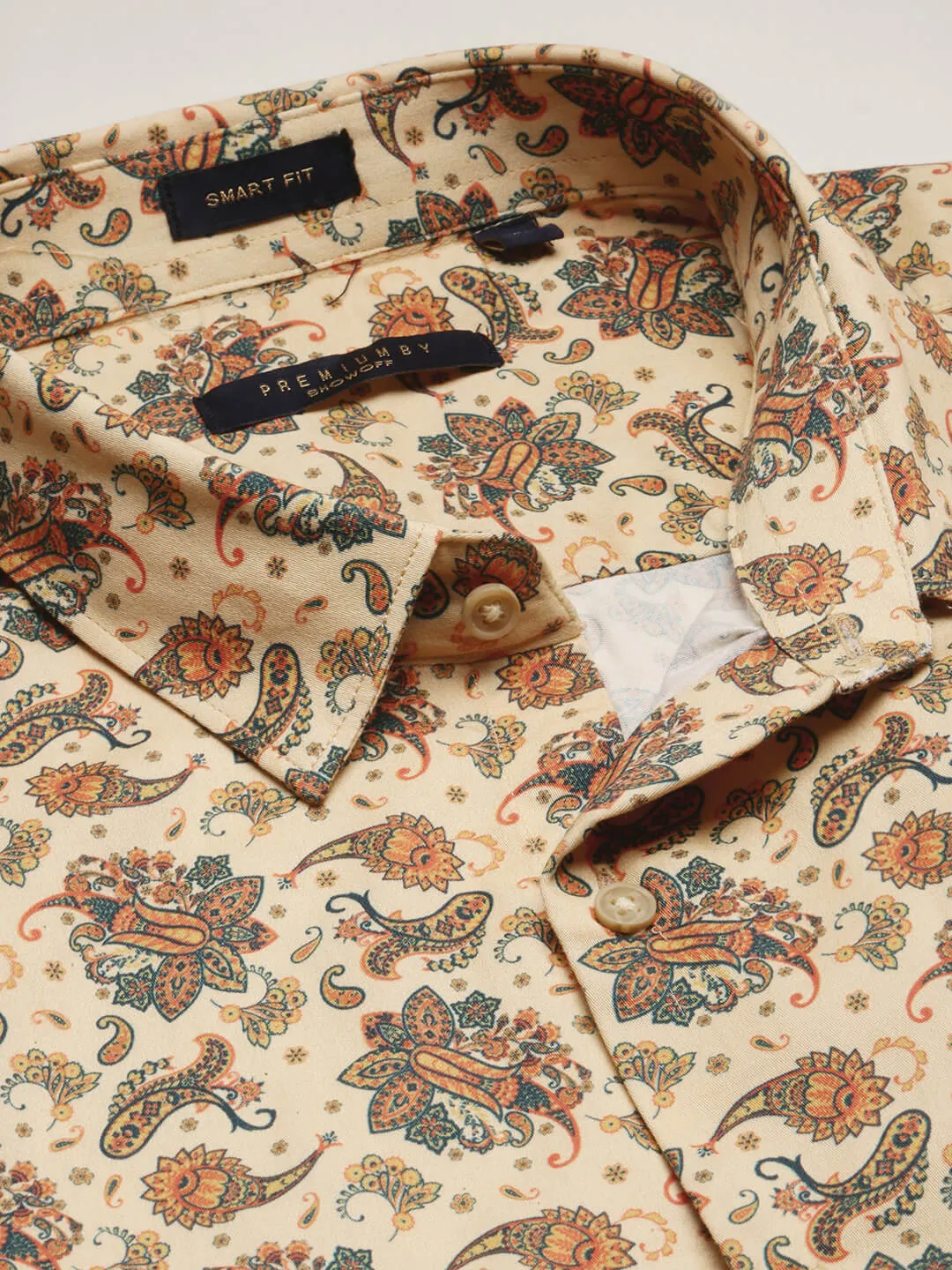 Men Cream Slim Fit Ethnic Motifs Printed Cotton Casual Shirt